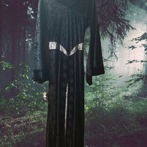 Cosplay Crushed Velour Long Hooded Black Cloak Silver Trim